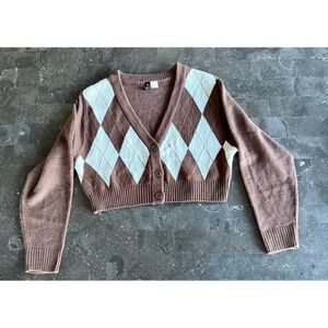 H&M Divided Size Small Crop Argyle Cardigan Sweater Brown Preppy Academia Retro‎